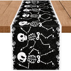 Halloween Table Runner Dacing Skeleton Glitter Black Table Runners Outdoor Home Party Funny Kitchen Dining Table Decor 13x72 Inch