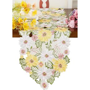 Embroidered Flowery Table Runner ,Applique Floral Daisy Cutwork Embroidered Table Linen, Home Kitchen Dining Tabletop Decoration (Yellow Runner 13"×35")