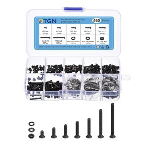 560Pcs M2.5 x 4mm /6mm /8m /10mm /12mm /16mm /20mm Flat Head Hex Socket Cap Screws Bolts Nuts Washers Kit, Carbon Steel Black Oxide, Full Thread, Countersunk Bolts