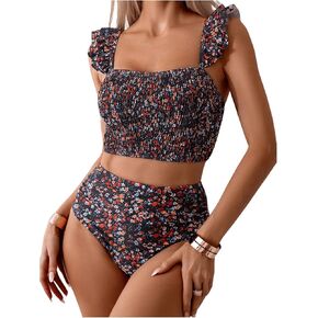 SOLY HUX Bathing Suit for Women Floral Print Ruffle Smocked High Waisted Bikini Sets Two Piece Swimsuit