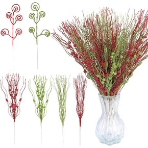 Christmas Red Green Artificial Glitter Berry Stems Ornaments Fake Christmas Candy Picks Decorative Curly Glitter Sticks Branches for Home Xmas Tree Wreath Crafts Vase Filler (48, Red, Green)