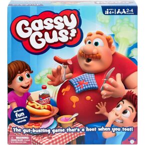 Gassy Gus, The interactive gut-busting game that's a hoot when you toot! Feed Gus gassy foods, but watch out for the big blast of gas! Packed with hilarious sounds, it's Ideal for 2-4 players ages 4+