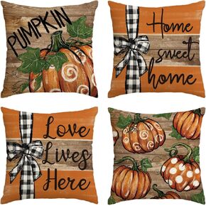 AVOIN colorlife Fall Pumpkin Home Sweet Home Throw Pillow Covers, 18 x 18 Inch Love Lives Here Autumn Harvest Stripes Polka Dots Decorations for Sofa Couch Set of 4
