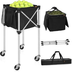 Foldable Tennis Ball Cart Holds 180 Balls Wheeled Tennis Ball Hopper Sports Teaching Carts with Storage Bag, Light Auminum Alloy