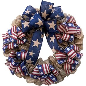 Patriotic Wreath for Front Door,4th of July Independence Day Wreath Decorations Outdoor, Veterans Day Memorial Day Home Wall Decor Outside Red White Blue Ribbon USA Flag Wreath Decor