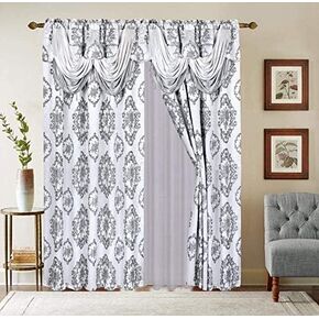 LinenTopia Classical Jacquard Window Drape Set, 2 Panels with Attached Valance + Sheer Backing, Fancy Victorian Style Damask Curtain Drape for Living Rooms, (Leyla, 63", Gray)