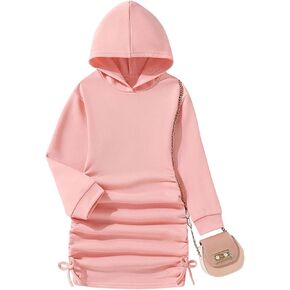 OYOANGLE Girl's Drawstring Side Long Sleeve Hoodie Dress Casual Solid Hooded Sweatshirt