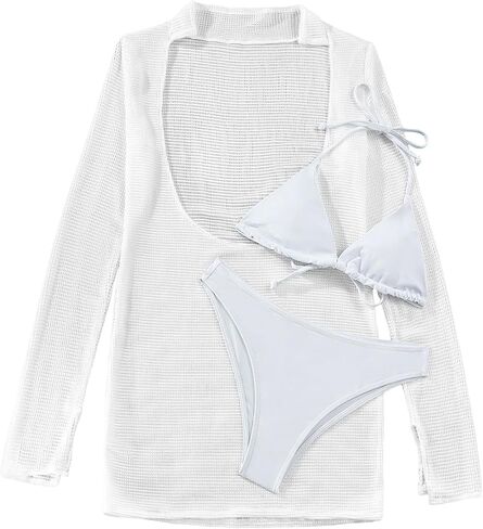 Lilosy Sexy Long Sleeve Mesh Swimsuit 3 Pieces Cover Up Bikini Set in Saudi Arabia