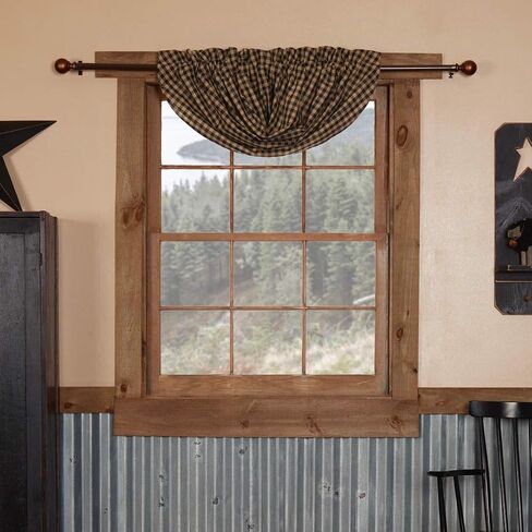 VHC Brands Black Check Balloon Valance 15x60 Country Curtains, Black and Tan in Saudi Arabia