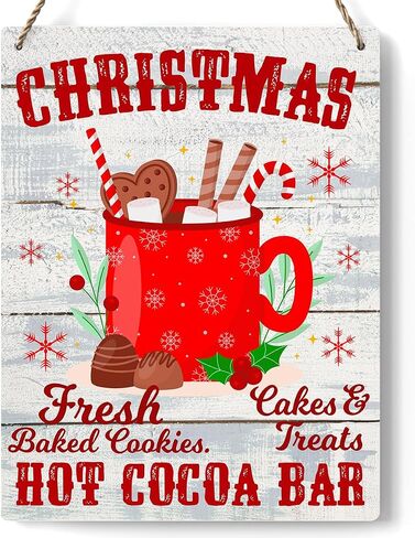 Farmhouse Christmas Decor Hanging Wood Wall Sign Christmas Hot Cocoa Bar Decoration Wooden Signs Rustic Hanging Plaque Home Wall Art 8" x 10" Sign Wall Decor for Farmhouse Home Kitchen in Kuwait