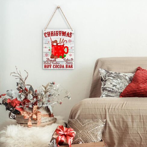Farmhouse Christmas Decor Hanging Wood Wall Sign Christmas Hot Cocoa Bar Decoration Wooden Signs Rustic Hanging Plaque Home Wall Art 8" x 10" Sign Wall Decor for Farmhouse Home Kitchen in Kuwait