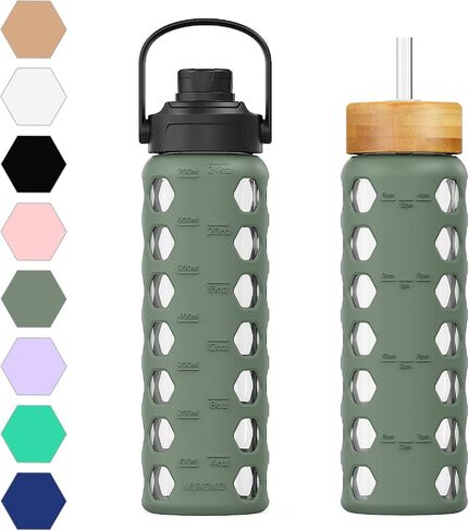 MUKOKO 24oz Glass Water Bottle with 2 Lids-Handle Flip Lid&Bamboo Straw Lid,Motivational Water Tumbler with Time Marker Reminder and Silicone Sleeve, Leakproof-Olive in Saudi Arabia