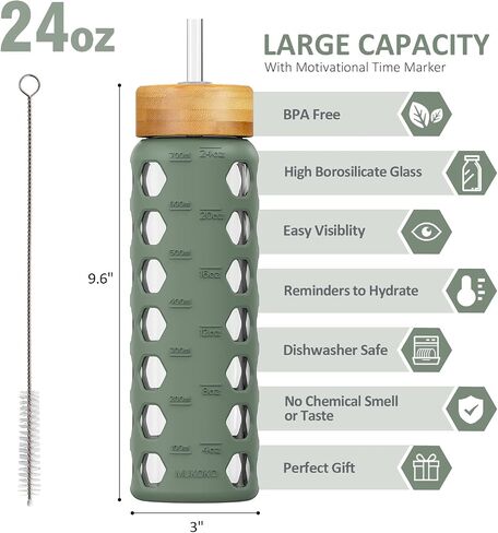 MUKOKO 24oz Glass Water Bottle with 2 Lids-Handle Flip Lid&Bamboo Straw Lid,Motivational Water Tumbler with Time Marker Reminder and Silicone Sleeve, Leakproof-Olive in Saudi Arabia