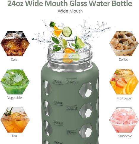MUKOKO 24oz Glass Water Bottle with 2 Lids-Handle Flip Lid&Bamboo Straw Lid,Motivational Water Tumbler with Time Marker Reminder and Silicone Sleeve, Leakproof-Olive in Saudi Arabia