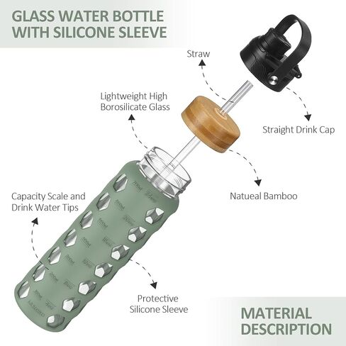 MUKOKO 24oz Glass Water Bottle with 2 Lids-Handle Flip Lid&Bamboo Straw Lid,Motivational Water Tumbler with Time Marker Reminder and Silicone Sleeve, Leakproof-Olive in Saudi Arabia