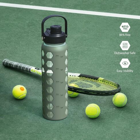 MUKOKO 24oz Glass Water Bottle with 2 Lids-Handle Flip Lid&Bamboo Straw Lid,Motivational Water Tumbler with Time Marker Reminder and Silicone Sleeve, Leakproof-Olive in Saudi Arabia