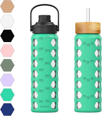 MUKOKO 24oz Glass Water Bottle with 2 Lids-Handle Flip Lid&Bamboo Straw Lid,Motivational Water Tumbler with Time Marker Reminder and Silicone Sleeve, Leakproof-Olive in Saudi Arabia
