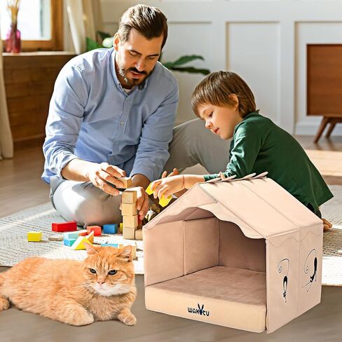 Cat Beds for Indoor Cats -Dog House for Small Dogs Or Cats,Removable Cushion with Collapsible and Foldable Puppy Pet Beds，3 Folding Methods for Indoor Outdoors (Khaki) in Kuwait