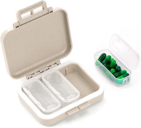 Pill Case with 3 Removable Compartments for Day Pill Organization. AM-PM Travel Pill Organizer for Vitamins, Fish Oil & Medicine. Fits Pocket or Purse (3 Pack, Khaki) in Saudi Arabia