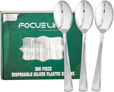 FOCUSLINE 300 Pack 6.8" Disposable Silver Plastic Spoons, Solid and Durable Plastic Cutlery Spoons, Heavy Duty Disposable Utensil Silverware for Catering, Parties, Dinners, Weddings in Kuwait