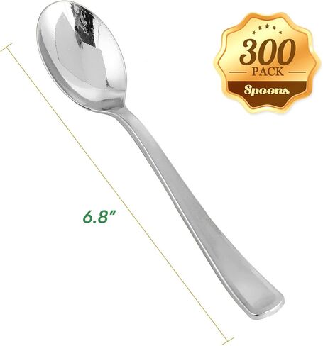 FOCUSLINE 300 Pack 6.8" Disposable Silver Plastic Spoons, Solid and Durable Plastic Cutlery Spoons, Heavy Duty Disposable Utensil Silverware for Catering, Parties, Dinners, Weddings in Kuwait