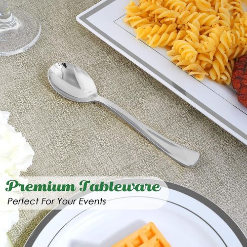 FOCUSLINE 300 Pack 6.8" Disposable Silver Plastic Spoons, Solid and Durable Plastic Cutlery Spoons, Heavy Duty Disposable Utensil Silverware for Catering, Parties, Dinners, Weddings in Kuwait
