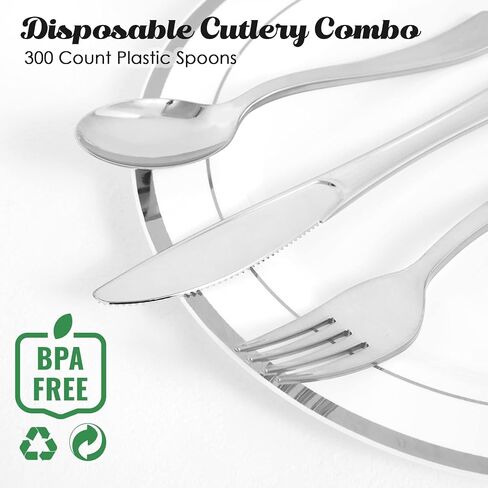 FOCUSLINE 300 Pack 6.8" Disposable Silver Plastic Spoons, Solid and Durable Plastic Cutlery Spoons, Heavy Duty Disposable Utensil Silverware for Catering, Parties, Dinners, Weddings in Kuwait