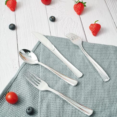 FOCUSLINE 300 Pack 6.8" Disposable Silver Plastic Spoons, Solid and Durable Plastic Cutlery Spoons, Heavy Duty Disposable Utensil Silverware for Catering, Parties, Dinners, Weddings in Kuwait