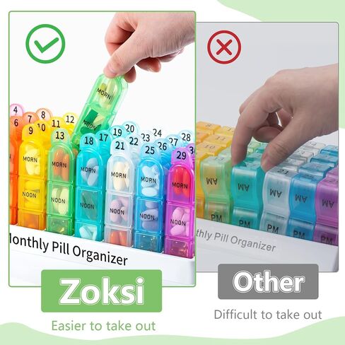 Zoksi Monthly Pill Organizer 3 Times a Day, One Month Pill Box Organizer Morn-Noon-Eve, 30 Day Pill Case for Travel, 31 Day Medicine Organizer with 32 Removable Compartments for All Meds in Kuwait