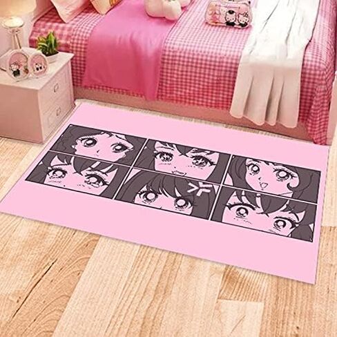 سجادة عيون الانمي | سجادة منطقة ديكور غرفة مستطيلة لطيفة للأطفال من Kawaii | تصميم تعبيرات الفتاة السعيدة قابل للغسل في الغسالة (رمادي وردي، 31 × 47) in Kuwait