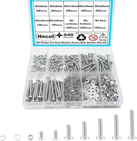 M3 Screws,Hincell 540pcs M3 Phillips Pan Head Machine Screws, Metric Screws Bolts Washers Nuts Kit,304 Stainless Steel(M3 x 6mm /8mm /12mm /16mm /20mm /25mm /30mm) in Kuwait