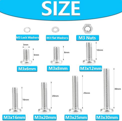 M3 Screws,Hincell 540pcs M3 Phillips Pan Head Machine Screws, Metric Screws Bolts Washers Nuts Kit,304 Stainless Steel(M3 x 6mm /8mm /12mm /16mm /20mm /25mm /30mm) in Kuwait