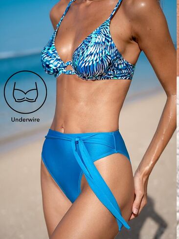 CUPSHE Women's Bikini Sets Two Piece Swimsuit High Waisted Plunging Neck Underwire Back Hook Self Tie Bottom Cheeky in Saudi Arabia
