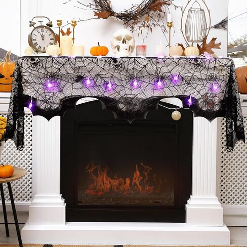 3 مجموعات من ديكورات مدفأة الهالوين غطاء رف شبكة العنكبوت وأضواء سلسلة مقاس 20 × 79 بوصة من الدانتيل الأسود لتزيين طاولة طاولة العنكبوت 60 مصباح LED أضواء أرجوانية لديكورات حفلات الهالوين in Kuwait