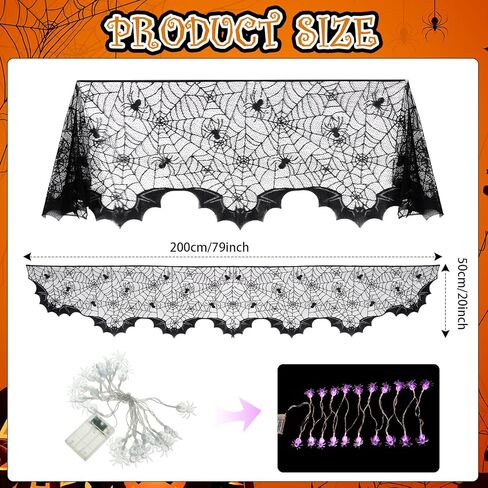 3 مجموعات من ديكورات مدفأة الهالوين غطاء رف شبكة العنكبوت وأضواء سلسلة مقاس 20 × 79 بوصة من الدانتيل الأسود لتزيين طاولة طاولة العنكبوت 60 مصباح LED أضواء أرجوانية لديكورات حفلات الهالوين in Kuwait
