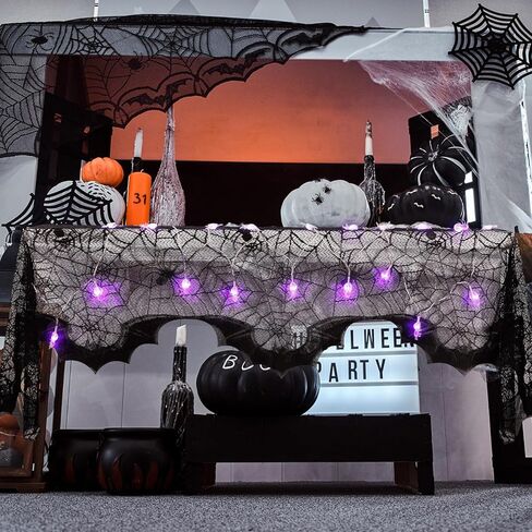 3 مجموعات من ديكورات مدفأة الهالوين غطاء رف شبكة العنكبوت وأضواء سلسلة مقاس 20 × 79 بوصة من الدانتيل الأسود لتزيين طاولة طاولة العنكبوت 60 مصباح LED أضواء أرجوانية لديكورات حفلات الهالوين in Kuwait