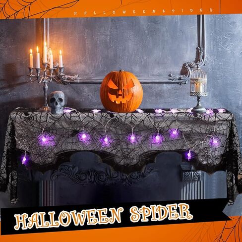 3 مجموعات من ديكورات مدفأة الهالوين غطاء رف شبكة العنكبوت وأضواء سلسلة مقاس 20 × 79 بوصة من الدانتيل الأسود لتزيين طاولة طاولة العنكبوت 60 مصباح LED أضواء أرجوانية لديكورات حفلات الهالوين in Kuwait