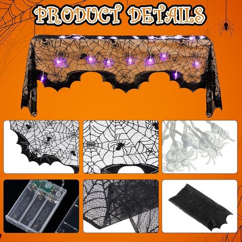 3 مجموعات من ديكورات مدفأة الهالوين غطاء رف شبكة العنكبوت وأضواء سلسلة مقاس 20 × 79 بوصة من الدانتيل الأسود لتزيين طاولة طاولة العنكبوت 60 مصباح LED أضواء أرجوانية لديكورات حفلات الهالوين in Kuwait