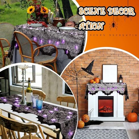 3 مجموعات من ديكورات مدفأة الهالوين غطاء رف شبكة العنكبوت وأضواء سلسلة مقاس 20 × 79 بوصة من الدانتيل الأسود لتزيين طاولة طاولة العنكبوت 60 مصباح LED أضواء أرجوانية لديكورات حفلات الهالوين in Kuwait