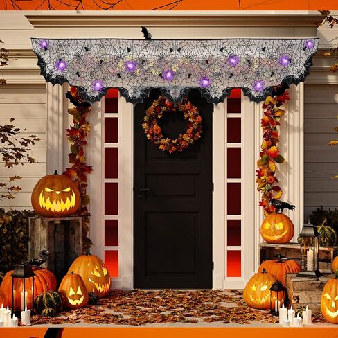 3 مجموعات من ديكورات مدفأة الهالوين غطاء رف شبكة العنكبوت وأضواء سلسلة مقاس 20 × 79 بوصة من الدانتيل الأسود لتزيين طاولة طاولة العنكبوت 60 مصباح LED أضواء أرجوانية لديكورات حفلات الهالوين in Kuwait