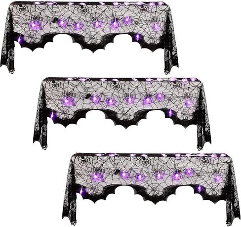 3 مجموعات من ديكورات مدفأة الهالوين غطاء رف شبكة العنكبوت وأضواء سلسلة مقاس 20 × 79 بوصة من الدانتيل الأسود لتزيين طاولة طاولة العنكبوت 60 مصباح LED أضواء أرجوانية لديكورات حفلات الهالوين in Kuwait