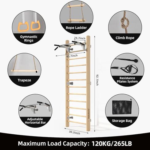 Swedish Ladder Wood Stall Bar - Wall Bars for Kids & Adults, Resistance Pilates System - Indoor Chin Up Bar Workout Equipment for Home Exercise，Physical Therapy & Gymnastics in Saudi Arabia