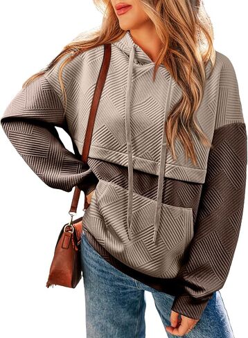 SHEWIN Women's Hoodies Long Sleeve Color Block Textured Pullover Tops Loose Sweatshirt with Pocket in Saudi Arabia