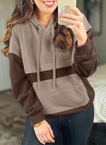 SHEWIN Women's Hoodies Long Sleeve Color Block Textured Pullover Tops Loose Sweatshirt with Pocket in Saudi Arabia