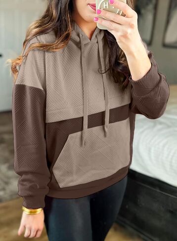 SHEWIN Women's Hoodies Long Sleeve Color Block Textured Pullover Tops Loose Sweatshirt with Pocket in Saudi Arabia