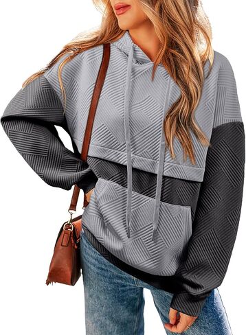 SHEWIN Women's Hoodies Long Sleeve Color Block Textured Pullover Tops Loose Sweatshirt with Pocket in Saudi Arabia