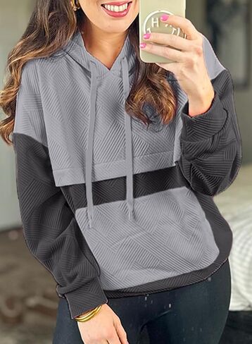 SHEWIN Women's Hoodies Long Sleeve Color Block Textured Pullover Tops Loose Sweatshirt with Pocket in Saudi Arabia