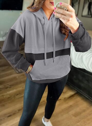 SHEWIN Women's Hoodies Long Sleeve Color Block Textured Pullover Tops Loose Sweatshirt with Pocket in Saudi Arabia