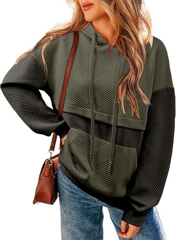 SHEWIN Women's Hoodies Long Sleeve Color Block Textured Pullover Tops Loose Sweatshirt with Pocket in Saudi Arabia