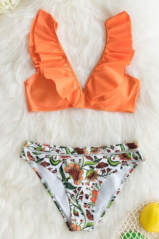 CUPSHE Women Bikini Set 2 Piece Swimsuit V Neck Ruffle Swimwear in Saudi Arabia